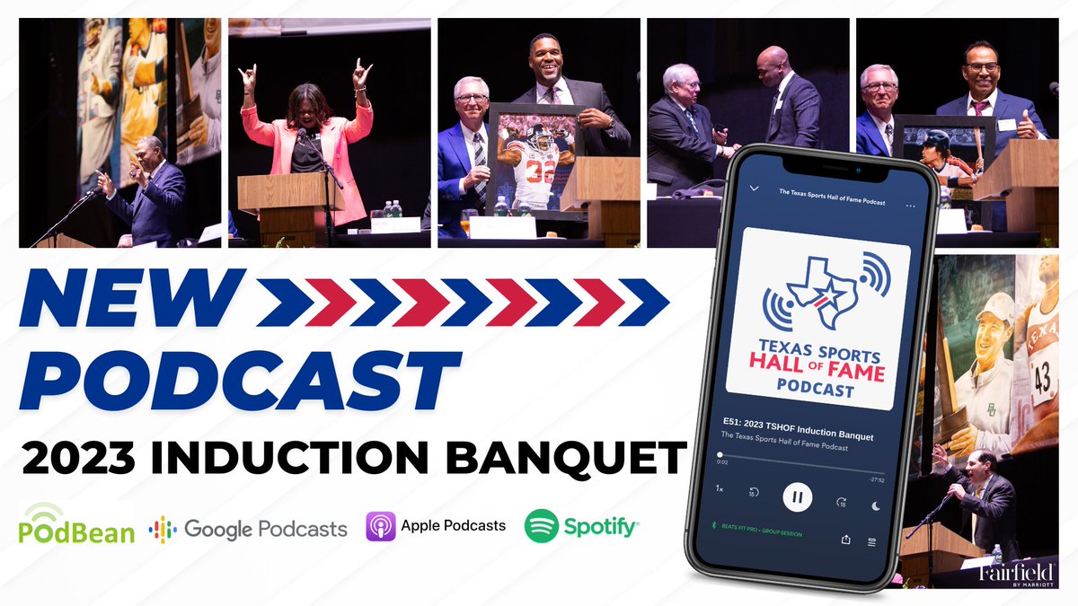 TXSportsHOF's tweet image. NEW PODCAST EPISODE🎙️🚨Listen to our latest episode for some highlights from our 2023 Inductees! 

Link: 🔗open.spotify.com/episode/2QsRP9…

Sponsored by: Fairfield Inn &amp;amp; Suites

#TexasSports | #TSHOF