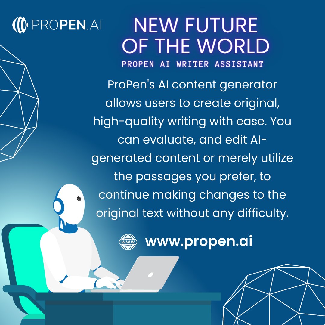 ProPen_AI's tweet image. ProPen AI allows you to create a content idea, also generate a content outline from a title, then generate original and editable content for you in seconds.
Let's try!
propen.ai
#AI #generativeai 
 #ContentGenerator #contentcreation #blogs #writing
