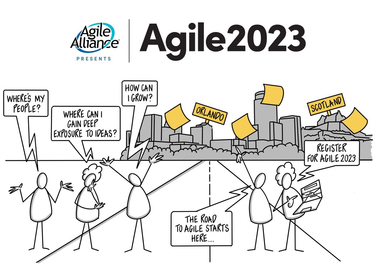 AgileAlliance's tweet photo. Where are my people? Where can I get deep exposure to ideas? How can I grow? The road to #Agile starts here!

Register now for the main #Agile2023 conference in Orlando or the smaller satellite event in Edinburgh!

https://t.co/eJ4iNCOV6M

#RoadToAgile2023 #Agile2023Scotland https://t.co/S8OtVFQlHp