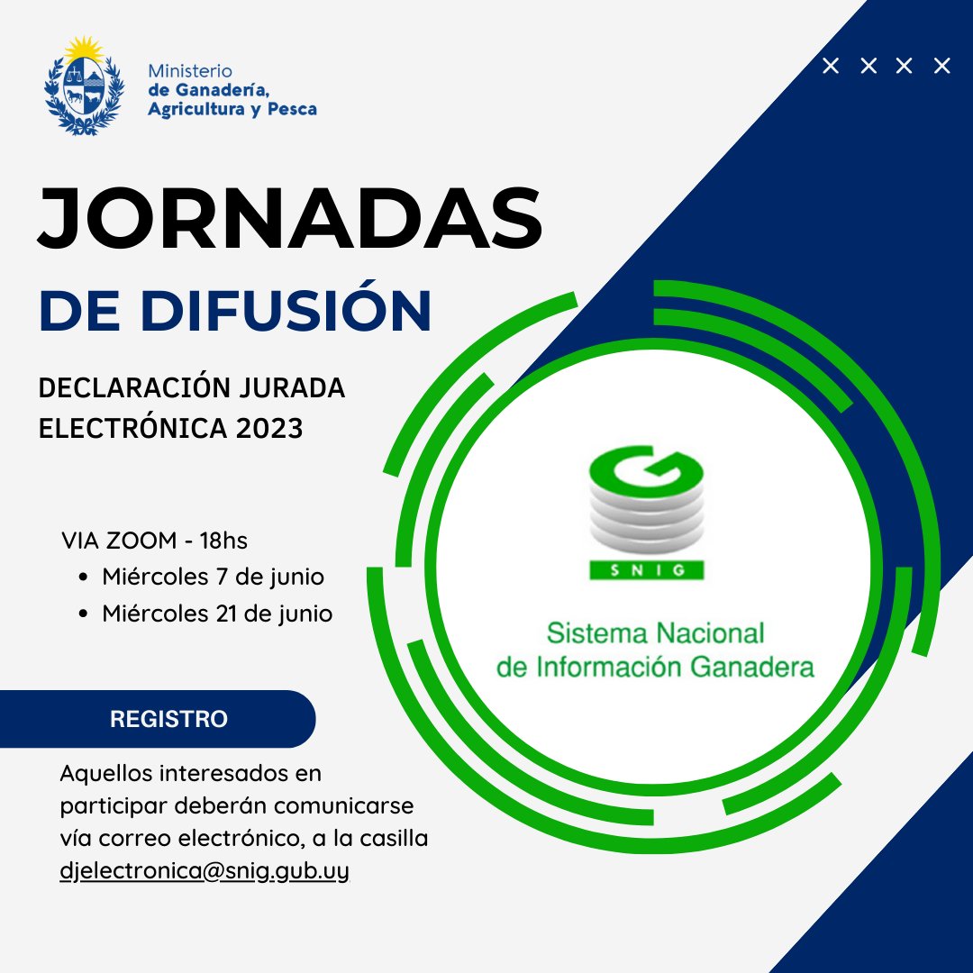 MGAPUruguay's tweet photo. SNIG realizará jornadas de difusión de Declaración Jurada Electrónica 2023

Las jornadas se realizarán todas a las 18:00 horas y en modalidad a distancia (por zoom)
🗓️ miércoles 07 de junio 2023
🗓️ miércoles 21 de junio 2023

📎👉https://t.co/oJ8tqBiHL8 https://t.co/PamWx7ttL8