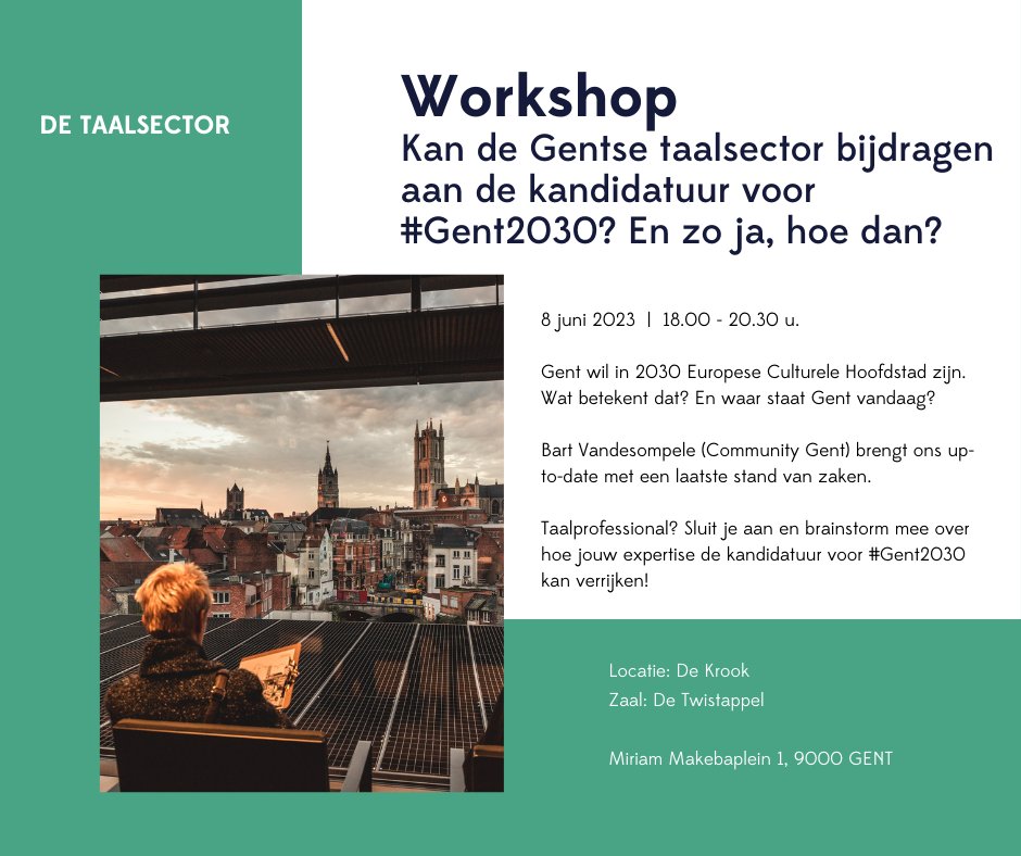 Hoe kunnen #taal en alle #taalexpertise in Gent een meerwaarde zijn voor de kandidatuur van <a href="/Stadgent/">Stad Gent</a> voor Europese Culturele Hoofdstad 2030? #Gent2030

8 juni, workshop
taalsector.be/cms/4704 

#taalsector #taaldiversiteit #taaltech <a href="/DeCommunityGent/">Community Gent</a>