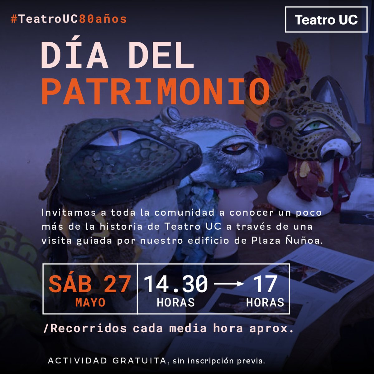 TeatroUC's tweet photo. 🚩AGENDA Este sábado 27 de mayo, entre las 14.30 y las 17 horas, te esperamos para conmemorar el #DíaDeLosPatrimonios con visitas guiadas en las que podrás conocer parte de nuestros 80 años de historia y cómo funciona un teatro por dentro. Actividad gratuita
#TeatroUC https://t.co/OgIM3JcO6t