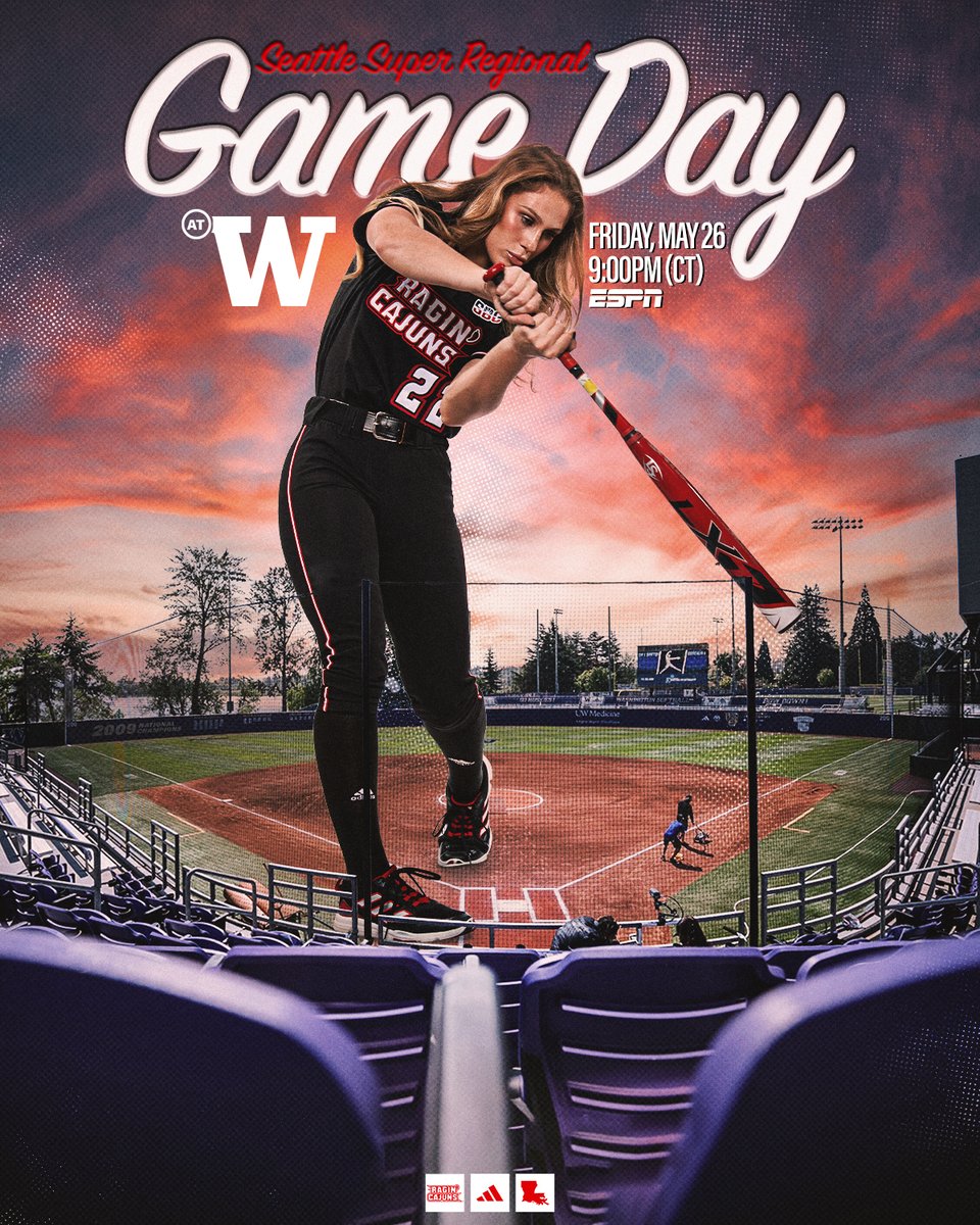 Louisiana Ragin' Cajunsยฎ Softball (@ragincajunssb) on Twitter photo ๐ฌ Supers in Seattle: ๐๐๐๐ง๐ ๐
NCAA ๐๐๐๐ญ๐ญ๐ฅ๐ ๐๐ฎ๐ฉ๐๐ซ ๐๐๐ ๐ข๐จ๐ง๐๐ฅ
๐ Friday, May 26
๐ Washington
โก๏ธ Game 1
โ๏ธ ๐:๐๐๐ฉ๐ฆ (๐๐๐)
๐ Seattle, WA
๐ Husky Stadium
๐บ ESPN
๐ง 103.3 FM // Varsity Network
๐ CajunStats.com
#GeauxCajuns โ๏ธ ๐ฌ Supers in Seattle: ๐๐๐๐ง๐ ๐
NCAA ๐๐๐๐ญ๐ญ๐ฅ๐ ๐๐ฎ๐ฉ๐๐ซ ๐๐๐ ๐ข๐จ๐ง๐๐ฅ
๐ Friday, May 26
๐ Washington
โก๏ธ Game 1
โ๏ธ ๐:๐๐๐ฉ๐ฆ (๐๐๐)
๐ Seattle, WA
๐ Husky Stadium
๐บ ESPN
๐ง 103.3 FM // Varsity Network
๐ CajunStats.com
#GeauxCajuns โ๏ธ