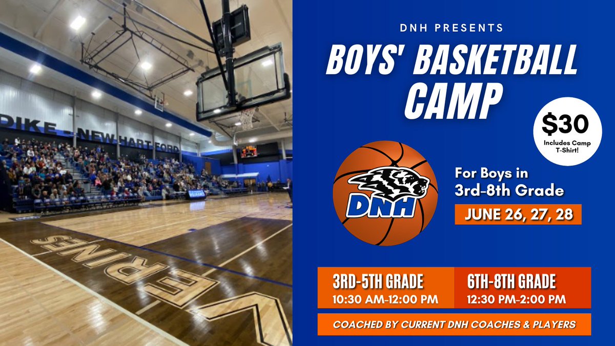 UPDATED: 📣 DNH is hosting a basketball camp for boys entering grades 3-8! 🏀🎉 Dates are June 26, 27 & 28. 3rd-5th camp will be held 10:30am-12pm & 6th-8th camp will be held 12:30-2pm. Cost is $30 & includes a t-shirt. Don’t miss out! #RollBlue #MomentsThatMatter