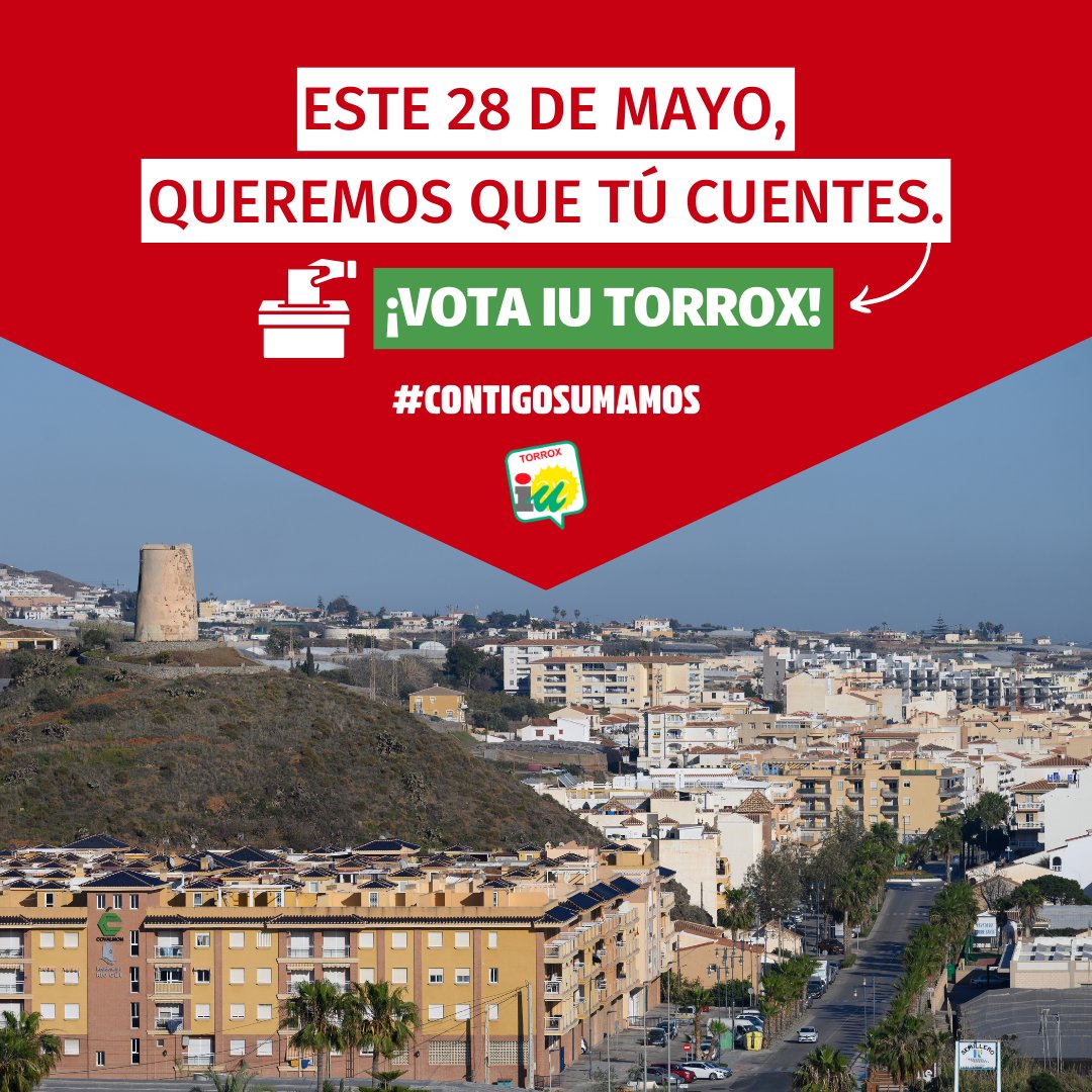 🔻 ¡Es el momento de tomar decisiones para garantizar un futuro mejor para tu pueblo, #Torrox! 

📆 Este 28 de mayo, queremos que TÚ cuentes.
➕ CONTIGO SUMAMOS.
📩 ¡Vota Izquierda Unida de Torrox!

#RafaBroncanoAlcalde #ContigoSumamos #IUTorrox #Torrox #ElMorche #28M