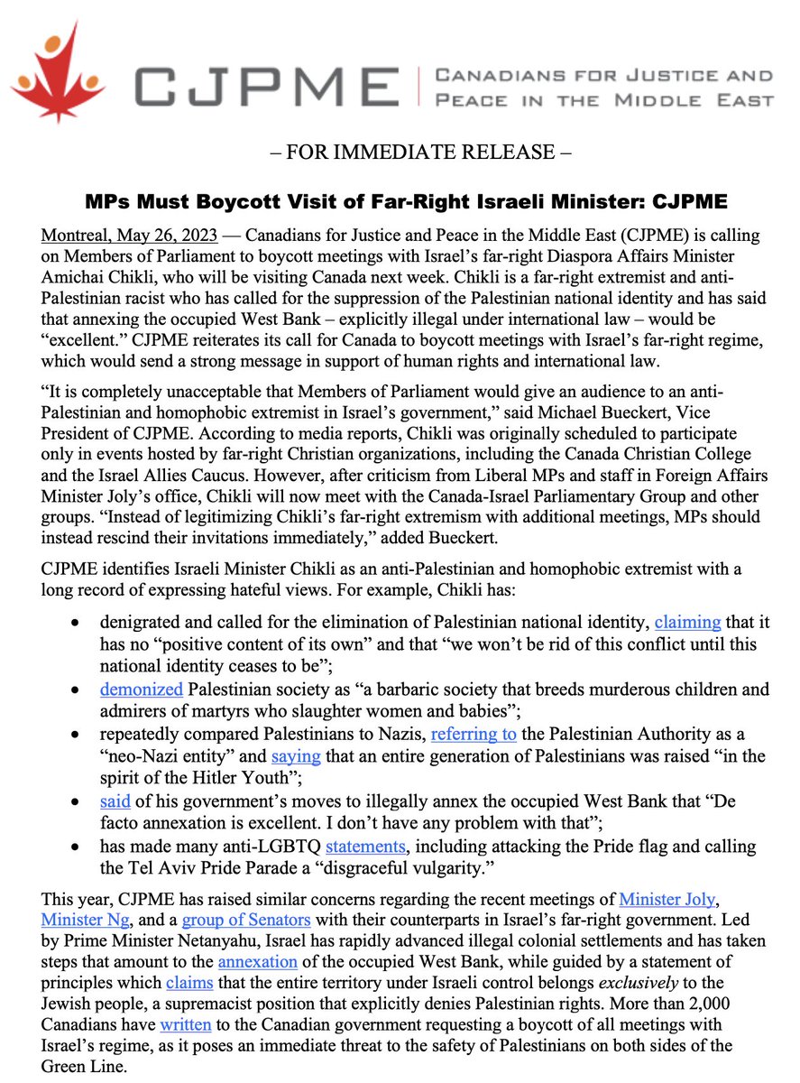 CJPME's tweet photo. Statement: CJPME is calling MPs to boycott meetings with Israel’s far-right Diaspora Affairs Minister Amichai Chikli, who will be visiting Canada next week. Chikli is a far-right extremist and anti-Palestinian racist who should not be given an audience. #cdnpoli #NoSharedValues https://t.co/WK6ZhGb3Mq