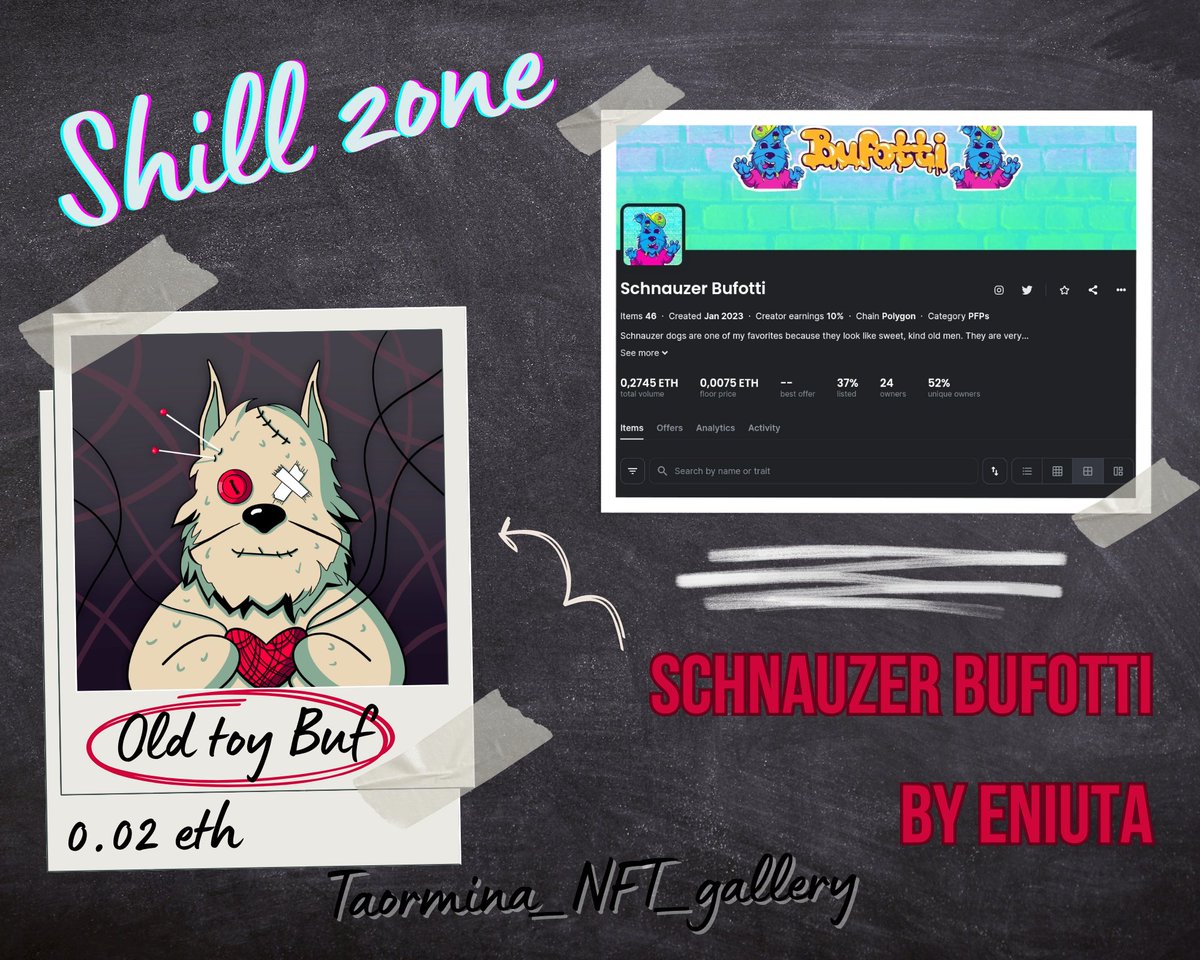 💥Shill zone of my own gallery💥

PRESENTs
@keniuta with her wonderful Bufs♥️

New system of games and benefits there😲
Soon new drop🎉
📌Floor now 0.0075 $eth
📌24 holders

Old toy Buf - 0.02 $eth

#NFTshill #WomensArt #pfpNFT
