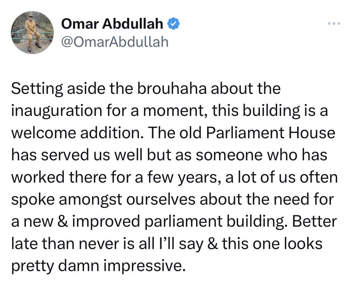 Former #Jammu and #Kashmir CM <a href="/OmarAbdullah/">Omar Abdullah</a> hails the new Parliament building as "pretty damn impressive."

Recognizing the need for an upgraded space, he sets aside the inauguration hype and welcomes this addition.