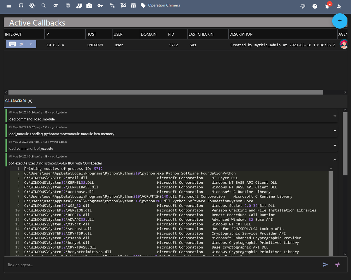 Making progress on adding BOFs to the Medusa Mythic python agent! 🐍

Building on <a href="/naksyn/">Diego Capriotti</a>'s pythonmemorymodule (github.com/naksyn/PythonM…) and <a href="/zimnyaatishina/">zimnyaa</a>'s use of it with COFFLoader (tishina.in/execution/pyth…) 🙏🏻