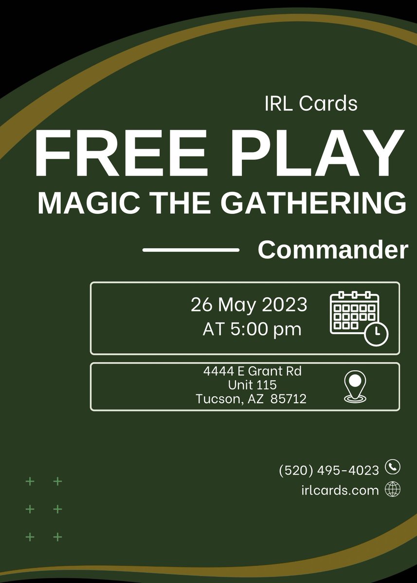 Join us tonight at 5:00pm for free play Commander #MagicTheGathering 

4444 E Grant Rd
Unit 115
Tucson, AZ  85712
United States