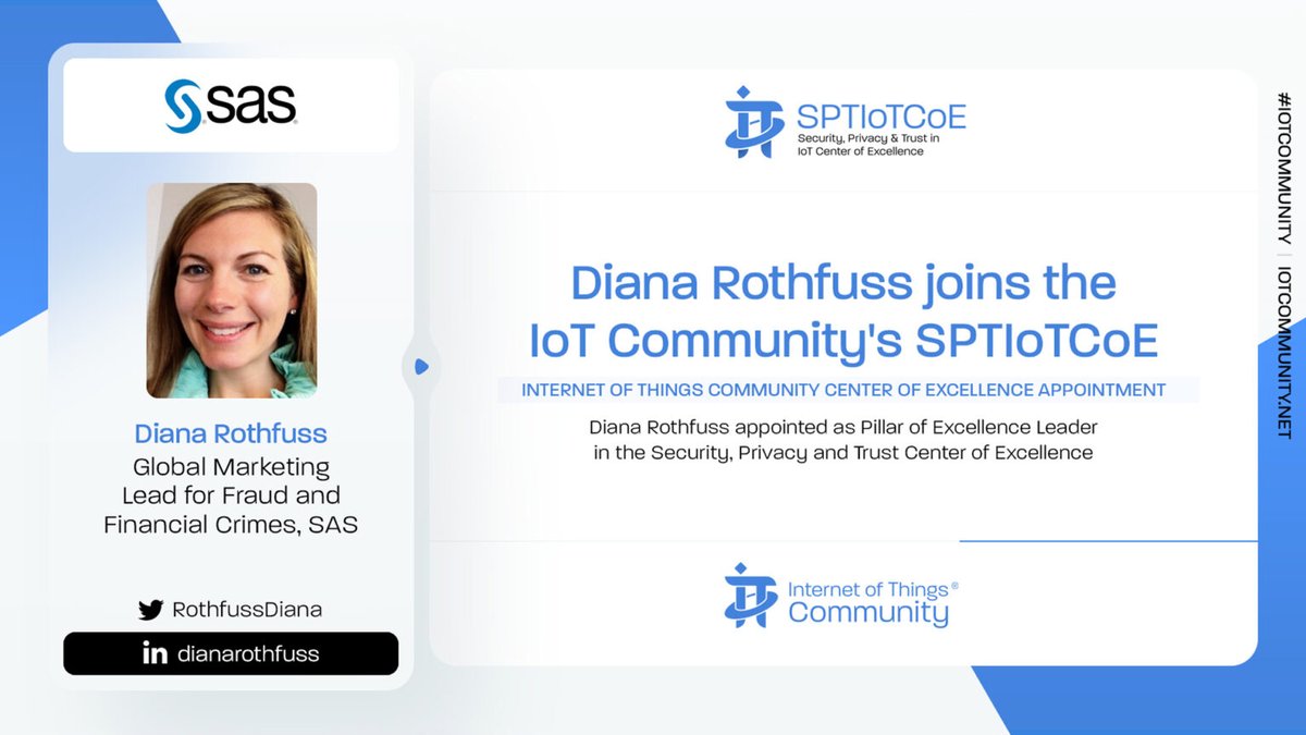 The @IoTCommunity is thrilled to announce @RothfussDiana, Strategy Director, for Fraud and Financial Crimes @SASsoftware, joins the SPTIoTCoE. Diana has been Appointed as a Pillar of Excellence Leader in the SPTIoTCoE. iotpractitioner.com/diana-rothfuss… #IoTCommunity #SPTIoTCoE