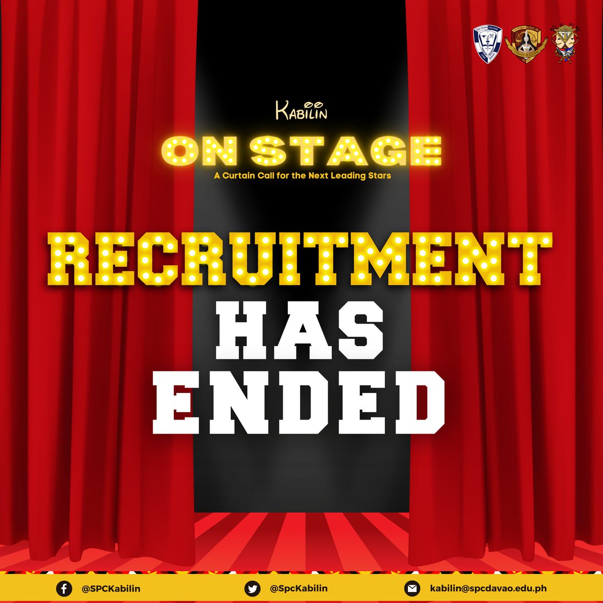 𝐎𝐍 𝐒𝐓𝐀𝐆𝐄 | 𝐄𝐍𝐃 𝐎𝐅 𝐑𝐄𝐂𝐔𝐈𝐓𝐌𝐄𝐍𝐓

As the recruitment has come to its end, we congratulate the brave wildcats for shooting their shot in this election. 
Best in luck, 𝙒𝙞𝙡𝙙𝙘𝙖𝙩𝙨! 🐾🏀

#ONSTAGE23
#PerformingStars
#KABILINElections2023