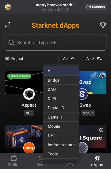 3️⃣ Kolay dApps Erişimi:

Tüm favori dApp'lerinizi kolaylıkla keşfeder ve keşfedersiniz! Arama işlevi, dApp Galerisini zahmetsizce bulmanızı ve göz atmanızı sağlar.

Örneğin, #starknetjourney NFT'lerini doğrudan akıllı telefonunuzdan talep edebilirsiniz. 🖼️📲