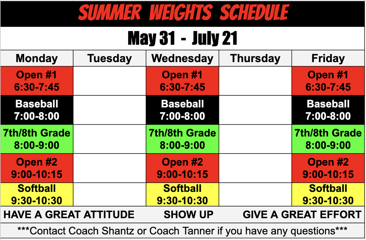 Here is the Summer Weight Schedule. This is set for your grade next year. You can choose either open session if you are not in a sport this summer. Have fun and compete this summer. We will see you next Wednesday!!