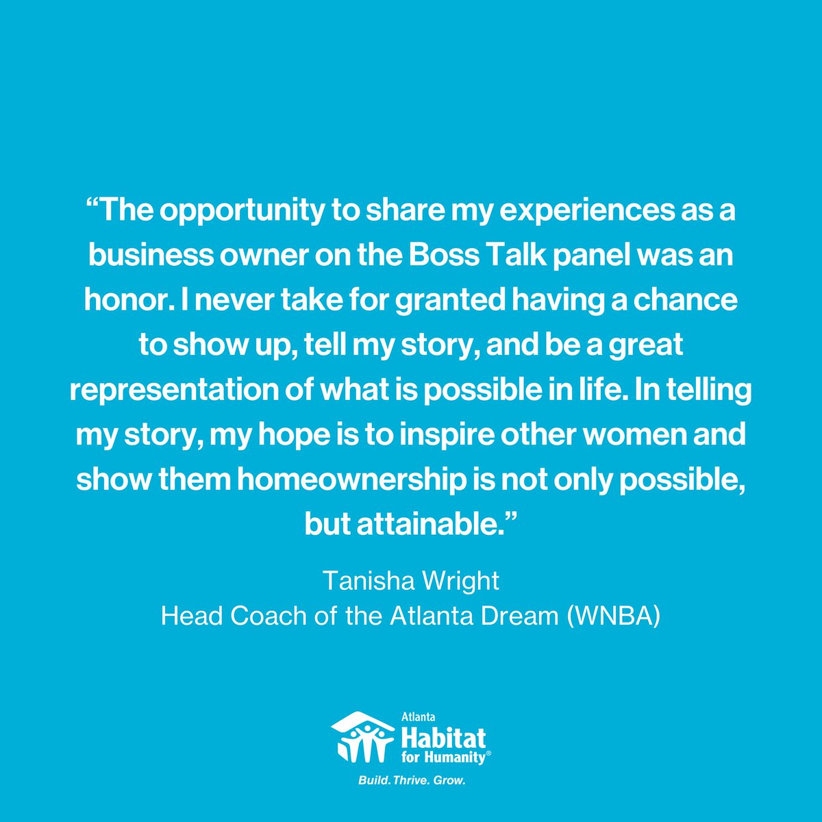 Atlanta Habitat for Humanity (@atlantahabitat) on Twitter photo Tanisha Wright, real estate investor and head coach of the <a href="/AtlantaDream/">Atlanta Dream</a>, inspired Atlanta Habitat homeowners as part of our Boss Talk leadership speaker series earlier this month.
#BuiltToThrive Tanisha Wright, real estate investor and head coach of the <a href="/AtlantaDream/">Atlanta Dream</a>, inspired Atlanta Habitat homeowners as part of our Boss Talk leadership speaker series earlier this month.
#BuiltToThrive