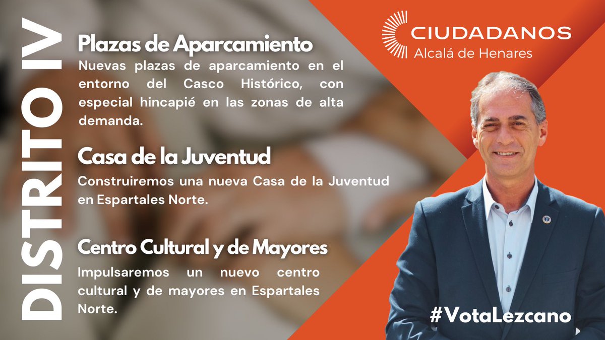 ⚠️ Vecino del Distrito IV, el plan #DistritoAlcalá es para ti:

🫂 Centro Servicios Sociales
👩🏽‍🏫 Centros Educativos
🏥 Urgencias Atención Primaria en Espartales Norte
🚙 Plazas de Aparcamiento
🧒🏽 Casa de la Juventud
👵🏼 Centro Cultural y de Mayores
#VotaLezcano