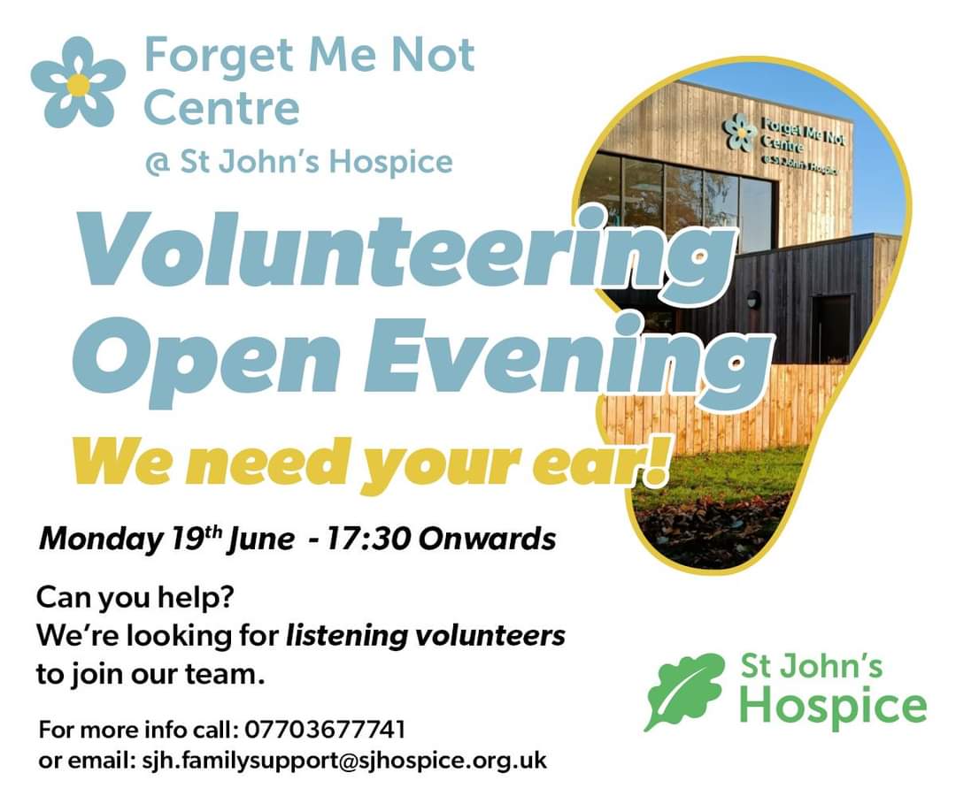 bayinfohub's tweet photo. St John's Hospice are looking for listening volunteers. Visit their open evening on Monday 19th June
#dementia #dementiaawareness #dementiasupport #baydementia #stjohnshospice https://t.co/Bl9sL6D1gM