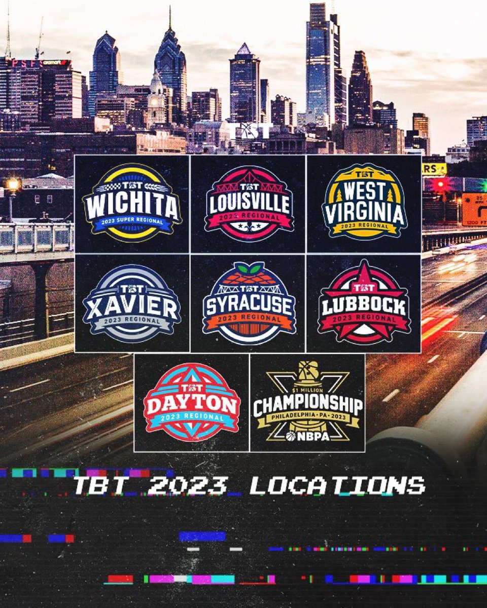 thetournament's tweet photo. Pack your bags! 

Here’s where we’re headed for TBT 2023🧳

- Wichita 
- Louisville
- West Virginia (Wheeling)
- Xavier 
- Syracuse 
- Lubbock 
- Dayton
- Philadelphia (Championship Week🏆)

🎟️Tickets: https://t.co/ycXeiSVJMz https://t.co/p3WApayk0z