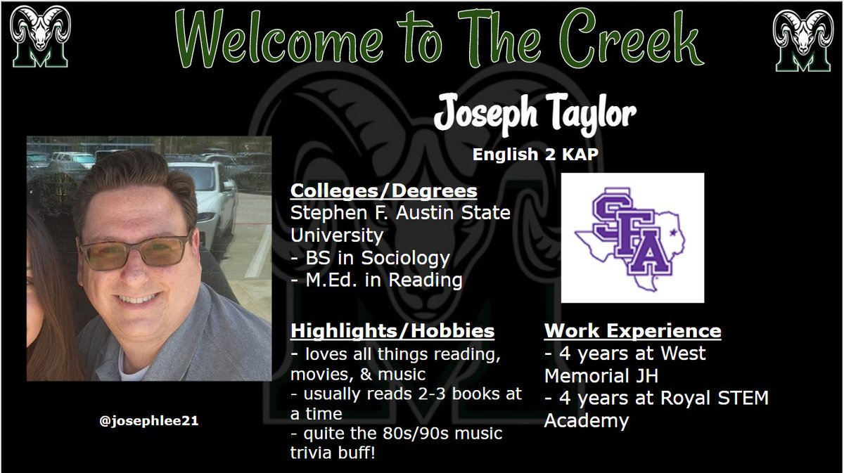 We're excited to welcome Joseph Taylor to our Mayde Creek family! He's going to be a stellar addition to our English 2 KAP team! @josephlee21 @MCHS_Rams @lydiadennis38 @beck_jennil #RPND #MaydeForThis
