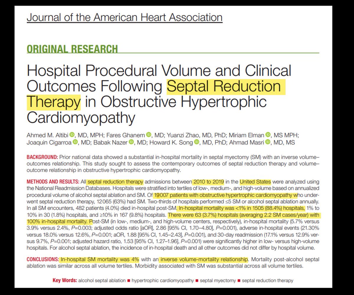 🧵Check out our <a href="/JAHA_AHA/">JAHA</a> analysis on outcomes of septal myectomy (SM) &amp; alcohol ablation (ASA) in obstructive #HCM👨🏻‍💼. Thnx <a href="/MasriAhmadMD/">Ahmad Masri</a> for mentoring! 

✅Analyzed all-comers (2010-2019) in 🇺🇸
✅19,000 pts with HCM &amp; SM/ASA

➡️How hospital procedural volume impacts outcomes of