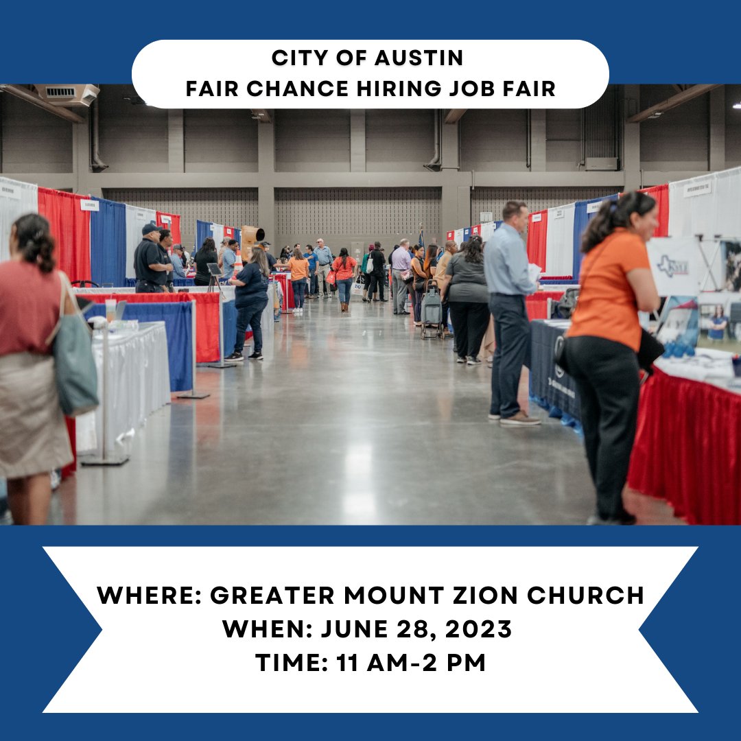 The City of Austin is hosting a Fair Chance Hiring Job Fair on June 28, 2023, at the Greater Mount Zion Church. Stay tuned for more information!
#KeepAustinHired #AustinCityJobs #FairChanceHiring #AustinJobs #JobFair
