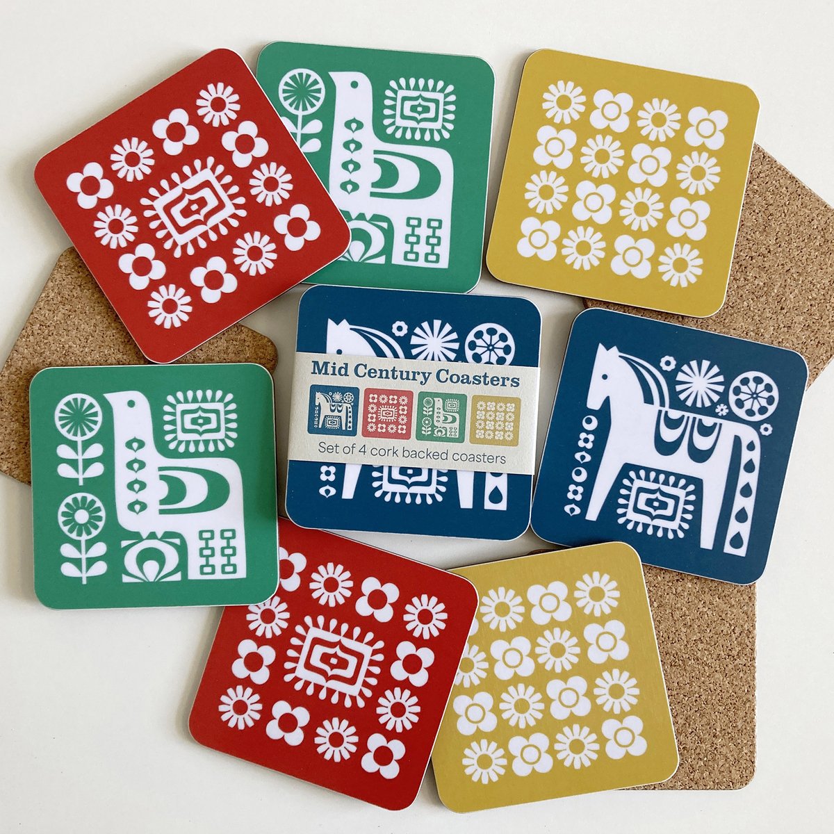 I’ve just had a delivery of some Mid Century Coaster sets, having run out of them a few months ago. I’m SO pleased with them. The designs are based on my Scandi mid-century style screen-prints. They’re 10cm square and cork backed. My shop: etsy.me/2GiViMm