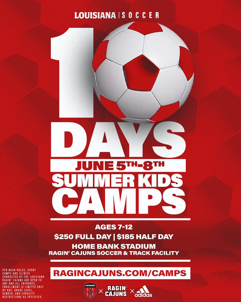 RaginCajunsSOC's tweet photo. 🔟 days out until Camp SZN begins! Don't miss out on the fun!

📝 https://t.co/ONdzmHfqak

#GeauxCajuns ⚜️ https://t.co/UJy3maoHto