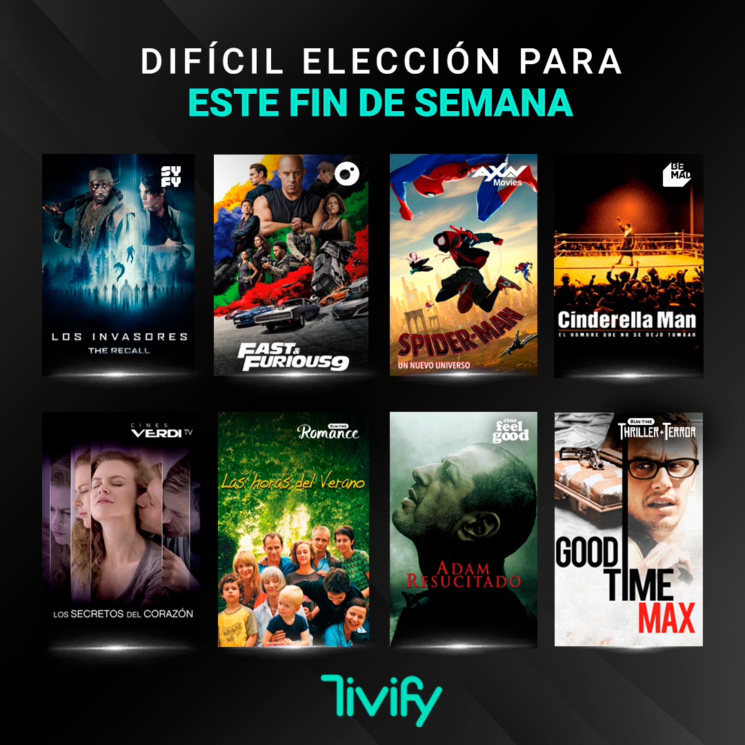 TivifyES's tweet photo. Lo bueno es que puedes votar a más de una 😉
🎬 Nuestra selección de cine para este fin de semana.
▶️ Y mucho más, cuando y donde quieras, con Tivify 🤩
#LosInvasores #TheRecall #FastAndFurious9
#SpiderMan #UnNuevoUniverso #CinderellaMan #LosSecretosDelCorazón
#LasHorasDelVerano #AdamResucitado #GoodTimeMax