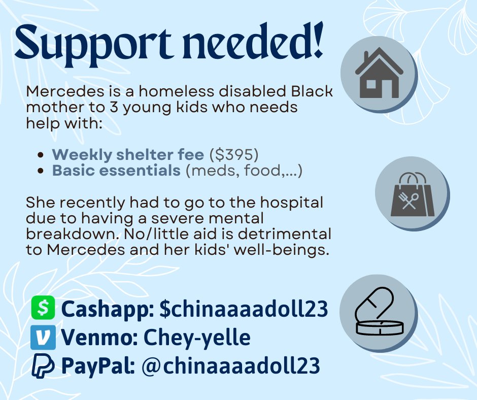scodalion's tweet photo. 🚨Time-sensitive need!

Disabled Black mother of 3 in need of support to afford essentials (food, meds,...) and weekly room fee - due tomorrow night!

Pls help their goal for shelter get cleared quickly!

CA/PP: chinaaaadoll23
VM: Chey-yelle

#MutualAidRequest https://t.co/3tb5Pt6MZd