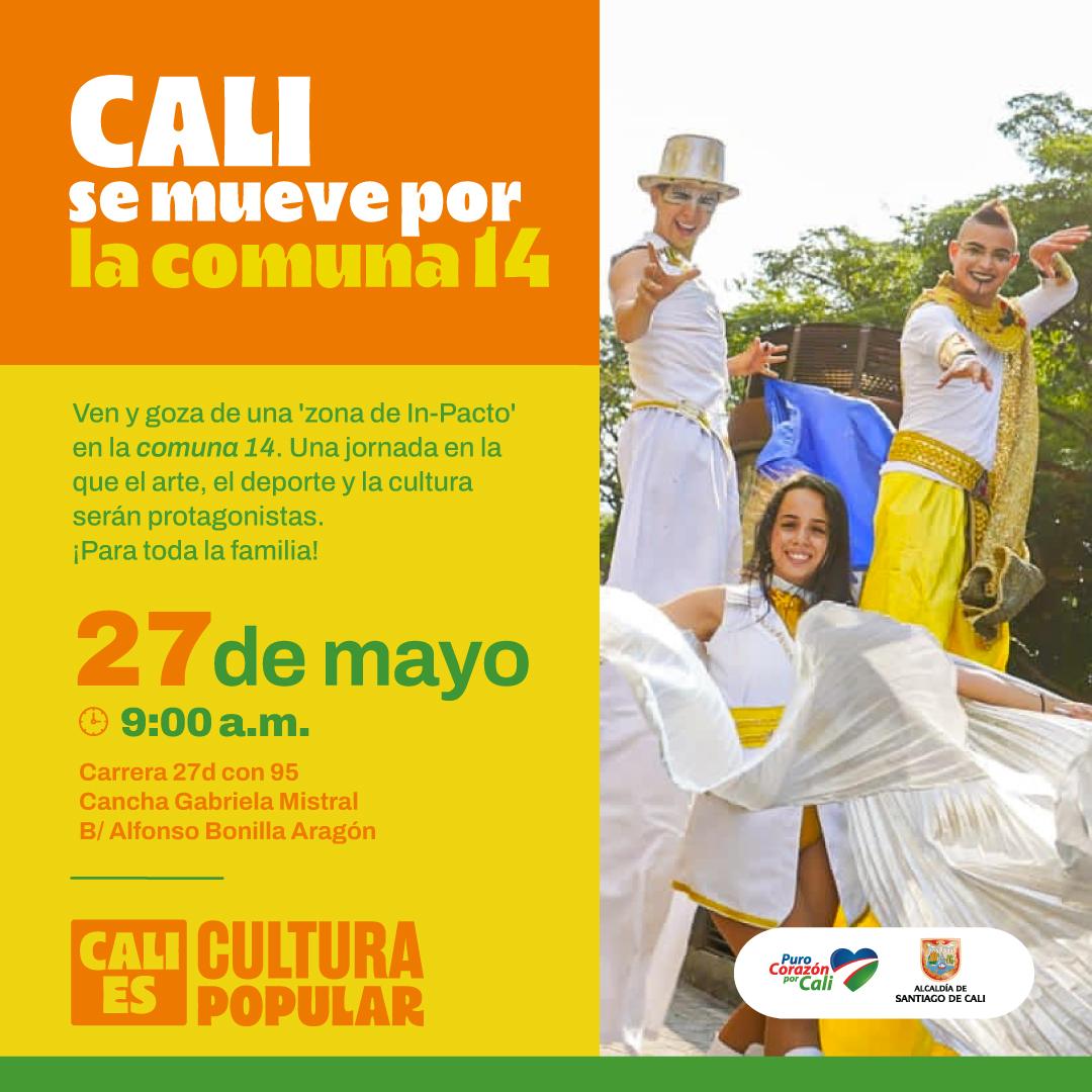 ¡Este sábado Cali se Mueve en el barrio Alfonso Bonilla Aragón! 😎 

Prepárate para una jornada de pura cultura, deporte y actividades en familia.🔥 

🗓️ 27 de mayo
⏰ 9:00a.m
📍Cr 27d con 95 
Cancha Gabriela Mistral

¡No te quedes sin asistir!🤩

#CaliEsCulturaPopular