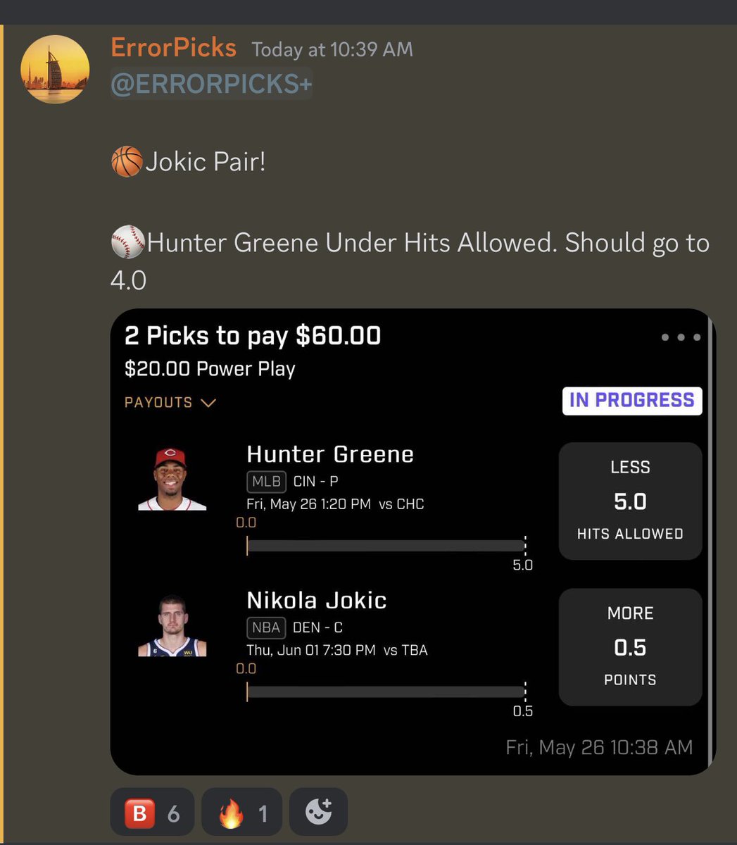 PlayerPropPlay's tweet image. Posted This Massive Value Play In The @ThanosLeakPicks Discord! ⚾️Hunter Greene Under Hits Allowed and was Bumped To 4.0🔥 LINK IN BIO

#PrizePicksNBA #PrizePicks #PlayerProps  #GamblingTwitter #NBAPicks #MLB #MLBPicks #Fliff #UnderdogFantasy #NHL #NHLPicks #DFS