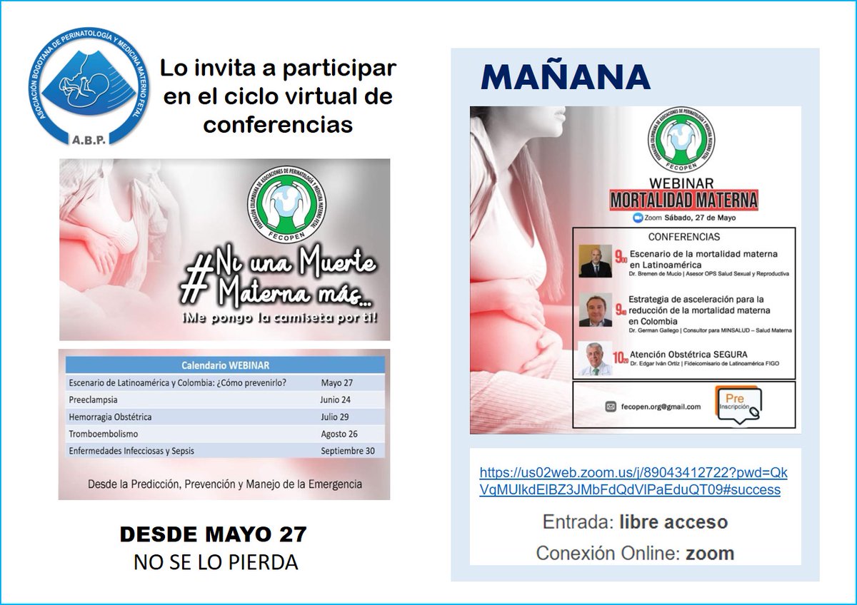 ABP_MMF_BOGOTA's tweet photo. Desde MAÑANA ciclo de conferencias FECOPEN #Ni una muerte materna más... No se las pierda. Evento virtual sin costo https://t.co/7kkX41lXUg https://t.co/VY7n7wE6lO
