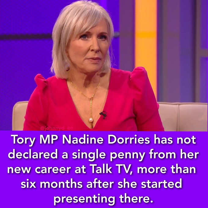 NADINE DORRIES: Tax Avoidance?

🔴Contrary to parliamentary rules - PART-TIME TORY MP Nadine Dorries - has NOT declared a penny from second job 6 months after she started   

She gets MP salary of £87k+exps whilst absent from parliament. 

👉RETWEET to remind her.

@premnsikka