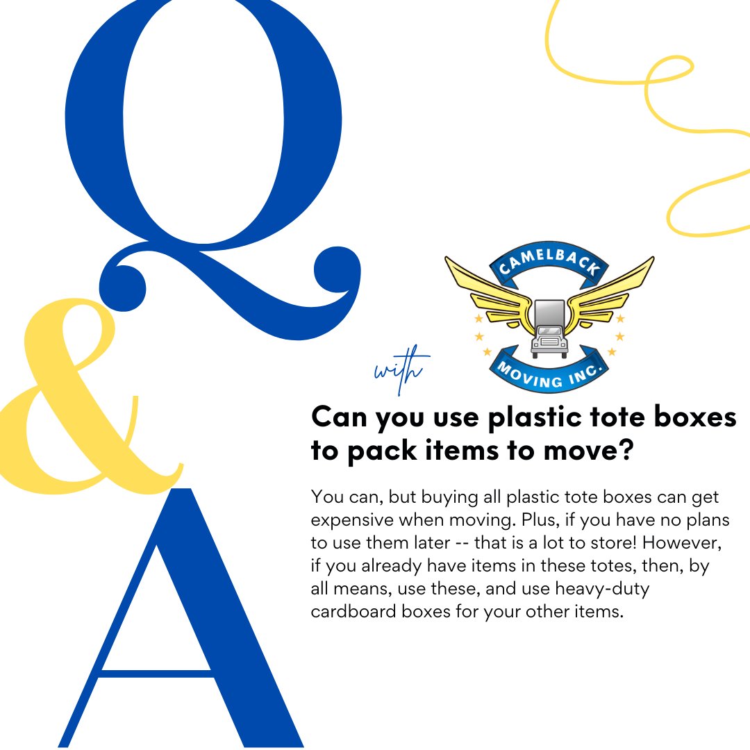 CamelbackMoving's tweet image. Lots of people use plastic tote boxes for storage in their homes. But what about using these for moving? #MovingFAQ #CamelbackMoving