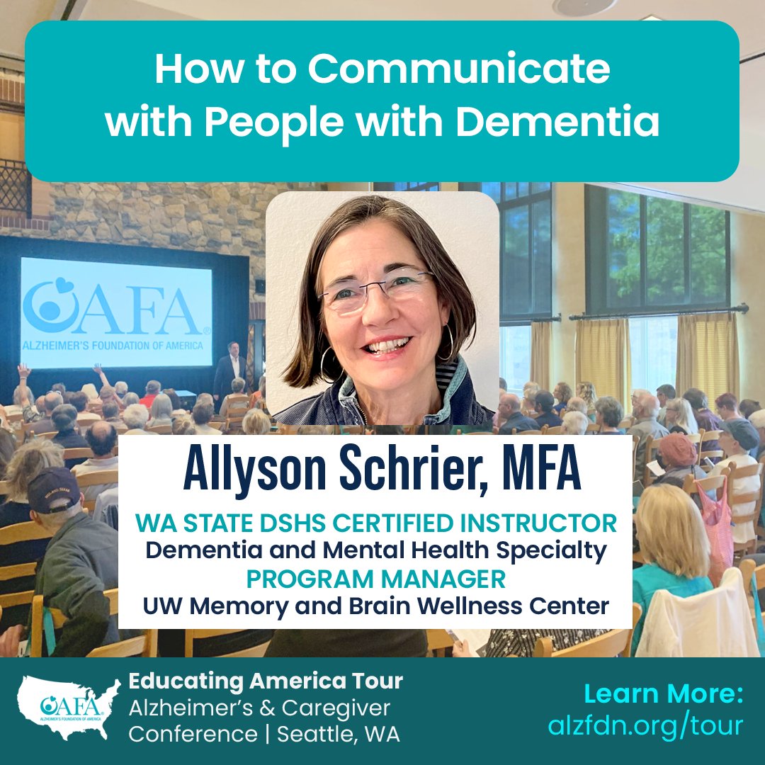 AFA’s next Alzheimer’s and Caregiver Conference is in #Seattle, #Washington, June 14! Join us to hear from local experts and get the help and answers you need.

Learn more/register: alzfdn.org/event/educatin…

#alzheimers #dementia #dementiasupport #seattle #caregiver