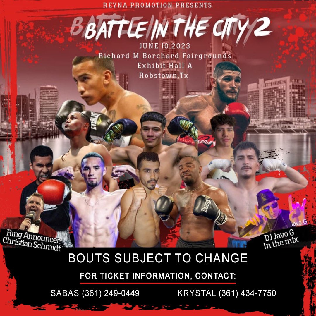 RMBRFairgrounds's tweet image. Battle in the City 2 returns to RMB Fairgrounds in just two weeks! 🥊
Don’t miss all the action! 

📍RMB Fairgrounds Ex Hall A
🗓June 10

For tickets👇
Sabas - 361-249-0449
Krystal - 361-434-7750

#rmbfairgrounds #boxing #battleinthecity #coastalbend #corpuschristi