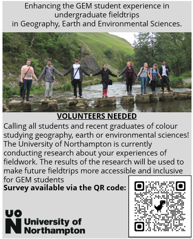 📢 Calling all students and recent grads of colour studying geography, earth or environmental sciences!

<a href="/GeogNorthampton/">Geography at the University of Northampton</a> are conducting research about your experiences of fieldwork.

Fancy taking part? Fill out the survey ⬇️

northampton.onlinesurveys.ac.uk/field-trip-exp…