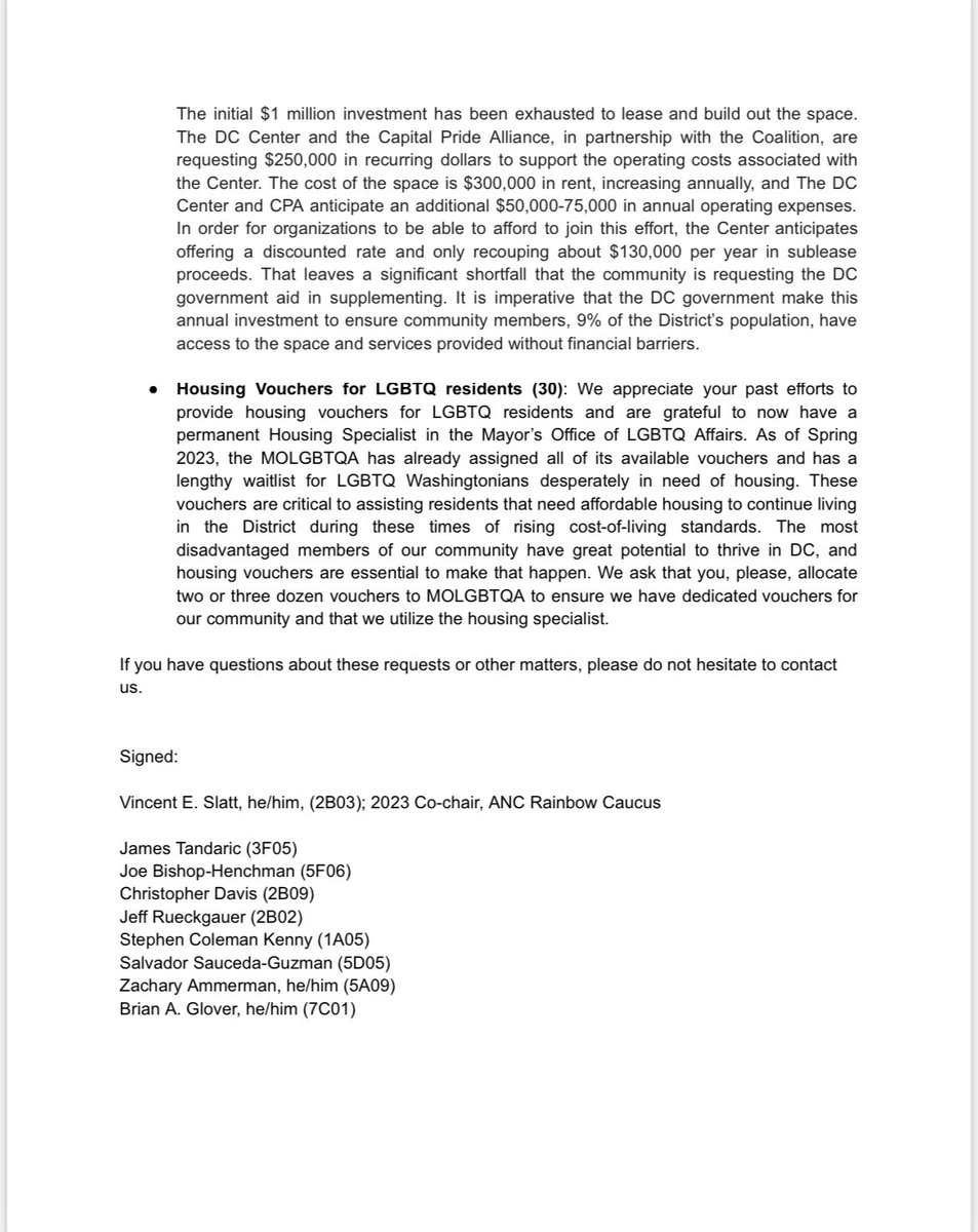 The DC LGBTQ+ Budget Coalition and the #ANCRainbowCaucus is urging the <a href="/councilofdc/">Council of DC</a> and <a href="/ChmnMendelson/">Phil Mendelson</a> to fund the new community center to help with operating costs so doors can open and to allocate dedicated housing vouchers to <a href="/DCLGBTQ/">Mayor’s Office of LGBTQ Affairs #DistrictofPride</a> for queer residents!