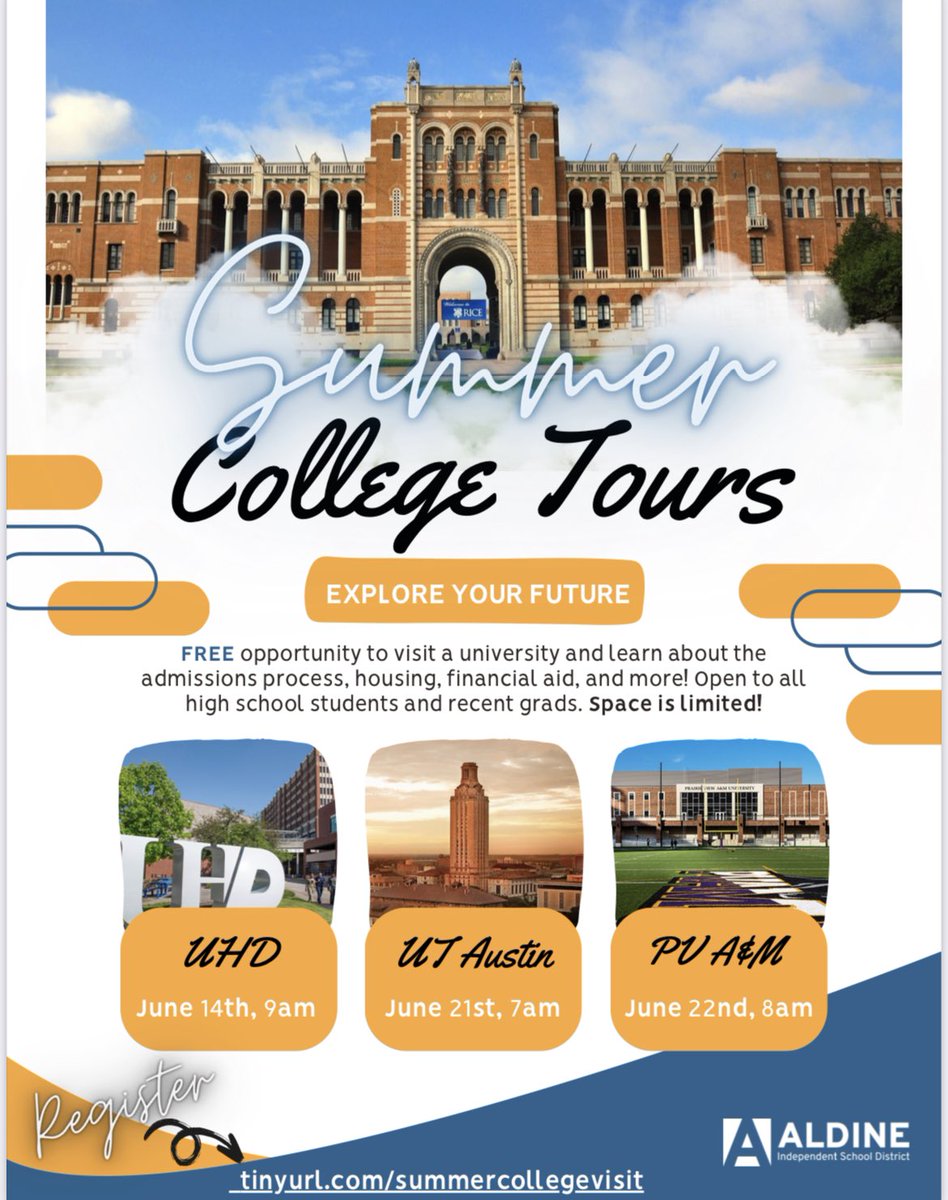 Calling all <a href="/AldineISD/">Aldine ISD</a> students📣 Are you interested in going on college tours this summer? Join our wonderful College &amp; Career Coordinators at UHD, UT or PV. Space is limited so sign up soon! #Aldine2College <a href="/XMRaldine/">XMR</a>