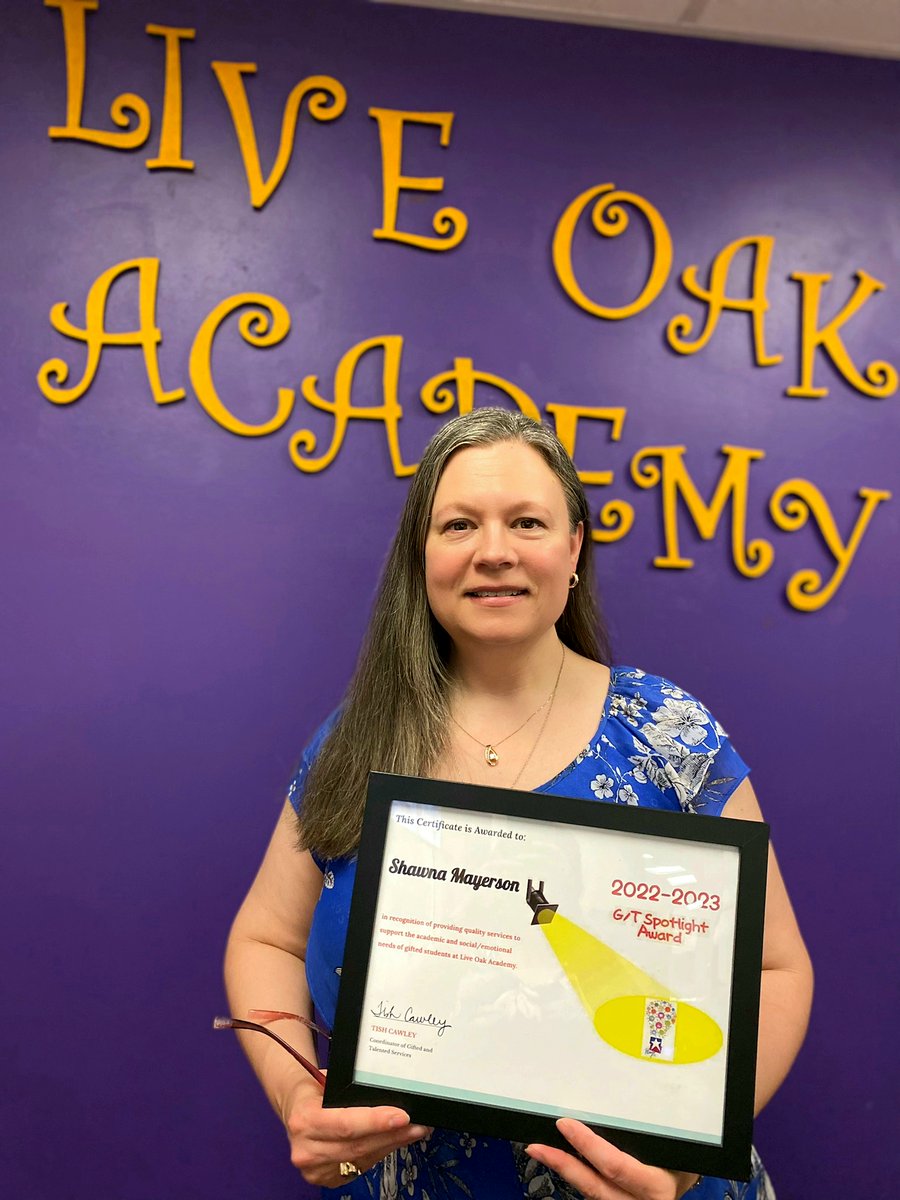 Congratulations to Mrs. Mayerson for being recognized as the G/T Spotlight Award winner for <a href="/LiveOakOwls/">Live Oak Academy</a>.  She provides outstanding support for students and teachers!