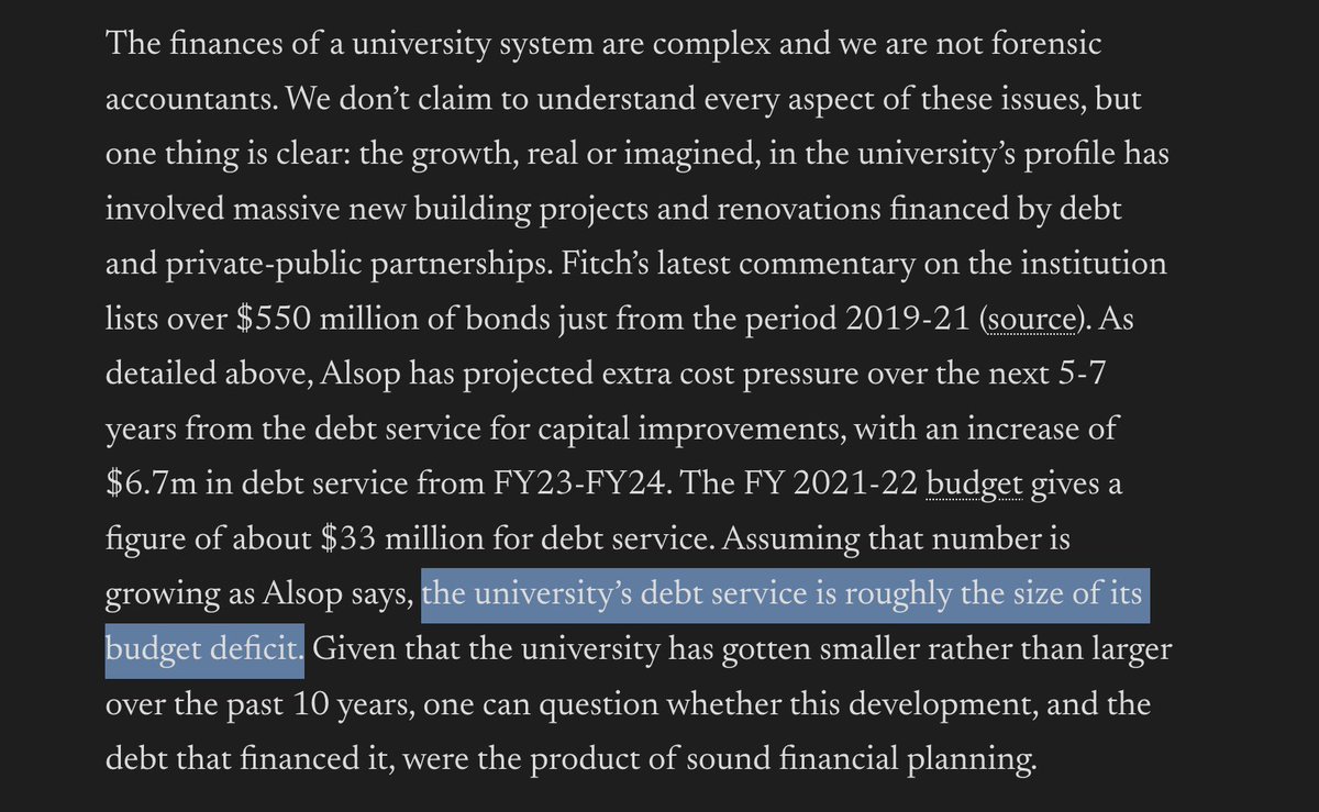 So... WVU borrowed big to grow the university, it didn't grow, and now the budget deficit (which will necessitate cutting faculty, or even whole departments) is the size of the cost of servicing that debt. Have I got that right. wvufacts.wordpress.com