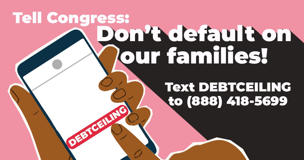 We’ve joined 700+ groups in calling on Congress to pass a deal for the debt ceiling without making cuts to public programs on which families rely. ⏰ The clock is ticking — call on your Members of Congress now & tell them to pass a clean raise! bit.ly/3MFF4eS #CareNotCut