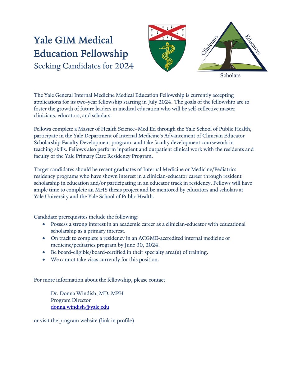 We are currently seeking candidates for our fellowship for the 2024-2025 academic year! 

We are passionate clinician-educators who provide teaching, mentorship, and collaboration to foster medical education scholarship. 

We'd love to have you apply: medicine.yale.edu/intmed/genmed/…