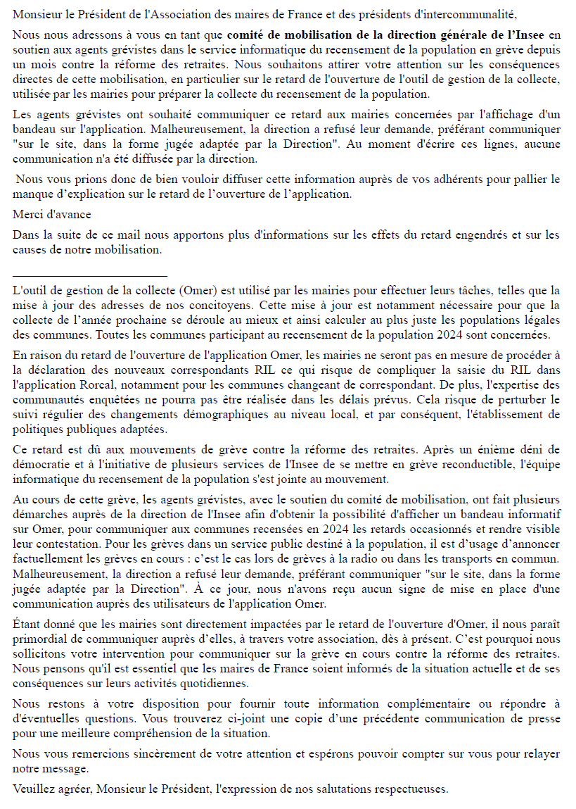 ComiteDg's tweet photo. ⚡️⚡️La grève continue à l'INSEE ! ⚡️⚡️
Courrier du comité de mobilisation à l'Association des maires de France.
Soutenez la caisse de grève : https://t.co/XSfAP6zPEx https://t.co/UVkJoVsdMJ