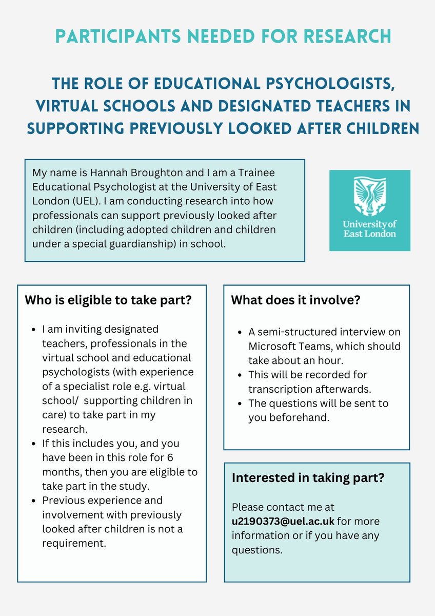 Hannah Broughton (@hbroughton_) on Twitter photo Recruiting EPs with experience of a specialist role e.g. virtual school/ supporting children in care to take part in my research. Also recruiting designated teachers and professionals in the virtual school. Please share with anyone who might be interested! #twittereps Recruiting EPs with experience of a specialist role e.g. virtual school/ supporting children in care to take part in my research. Also recruiting designated teachers and professionals in the virtual school. Please share with anyone who might be interested! #twittereps
