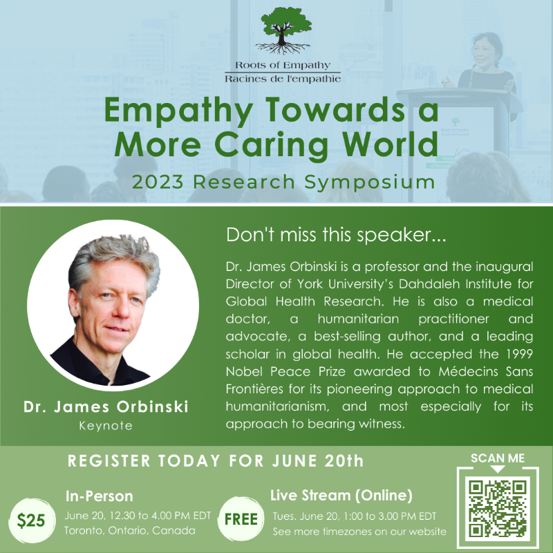 RootsofEmpathy's tweet photo. We're thrilled to announce Dr. James Orbinski as our keynote speaker for our Research Symposium!  Join us as Dr. Orbinski, a renowned medical doctor, humanitarian practitioner, and best-selling author, shares his invaluable insights on global health and empathy. 

Register today!