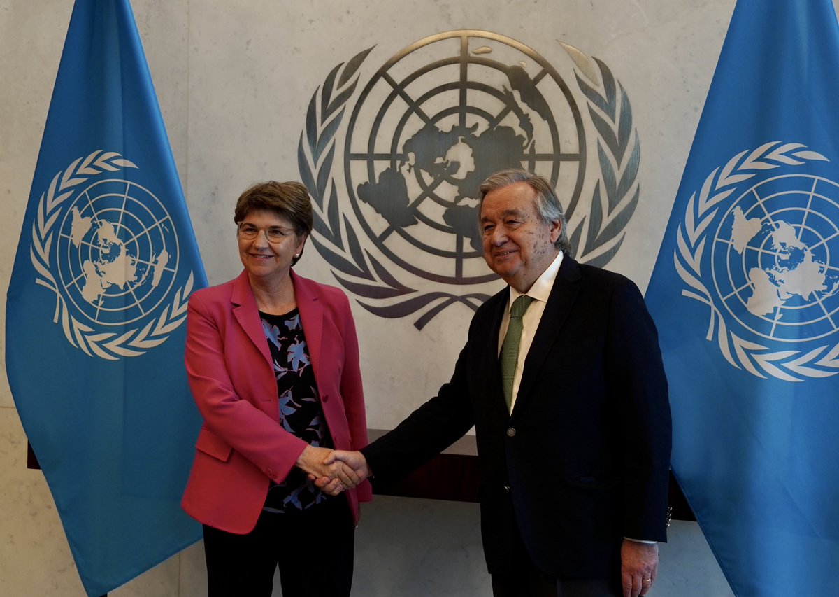 Viola Amherd (@violapamherd) on Twitter photo With UN Secretary-General <a href="/antonioguterres/">António Guterres</a>, I had a constructive talk about the immense importance of peace missions, which began with #ONTSU, currently led by Swiss Maj Gen P. Gauchat. The current situation and challenges in #Mali, #Ukraine and #NorthKorea were also topics. With UN Secretary-General <a href="/antonioguterres/">António Guterres</a>, I had a constructive talk about the immense importance of peace missions, which began with #ONTSU, currently led by Swiss Maj Gen P. Gauchat. The current situation and challenges in #Mali, #Ukraine and #NorthKorea were also topics.