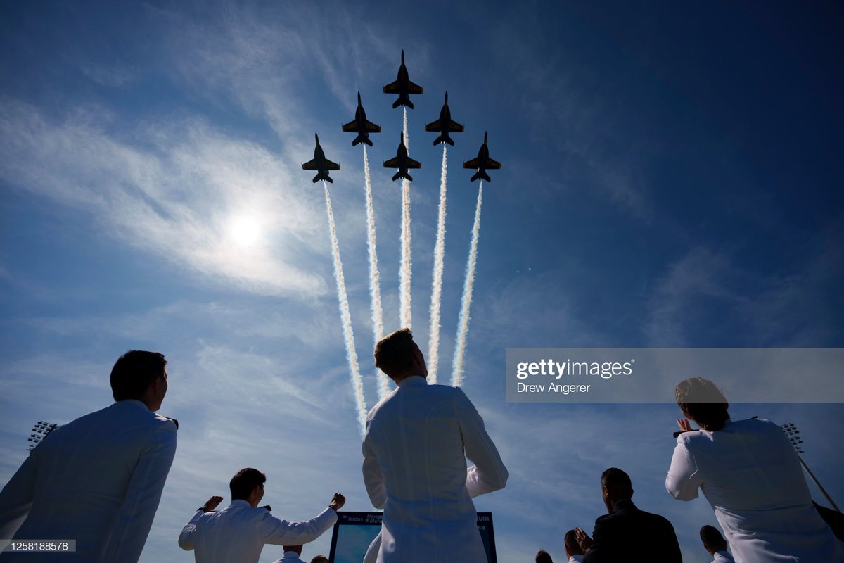 The Navy #BlueAngels flyover the U.S. Naval Academy Graduation and Commissioning Ceremony at the U.S. Naval Academy in Annapolis, Maryland. 📷: @drewangerer