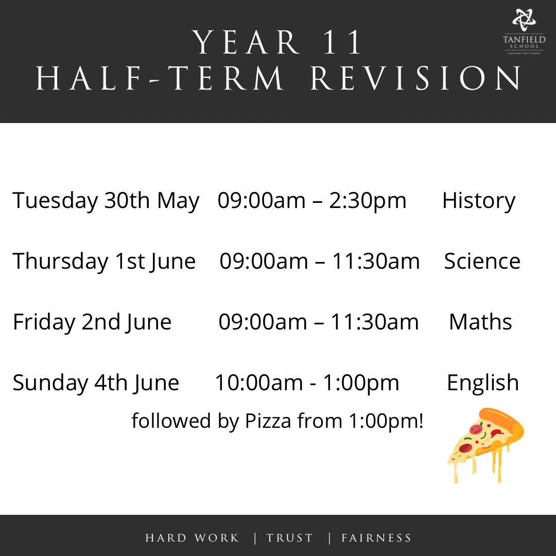 A reminder to our Year 11 students we have a number of revision sessions on over the May half-term. Who’s joining us?

#teamtanfield #GCSErevision