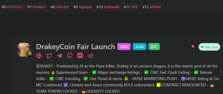 drakeycoin's tweet photo. 🔥🔥#7 ON PINKSALE TRENDING and ONLY ONE HOUR LEFT!

Grab your bags now, join the AMA on Telegram and be ready to moon with us!

BUY NOW:

https://t.co/wXgpxUDayo

$DRAKEY #drakey #pepekiller #pepe #drakeyvspepe https://t.co/QI3Z96w2JL